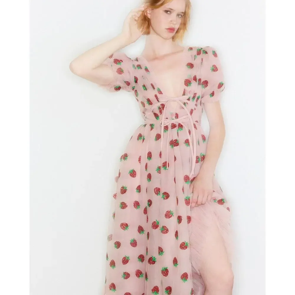 Lirika Matoshi Strawberry V-Neck Short Sleeves Midi Dress - M - Picture 3 of 5